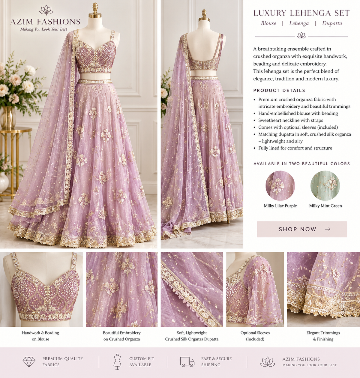 Luxury Milky Lilac Crushed Organza Hand-Embroidered Lehenga Set