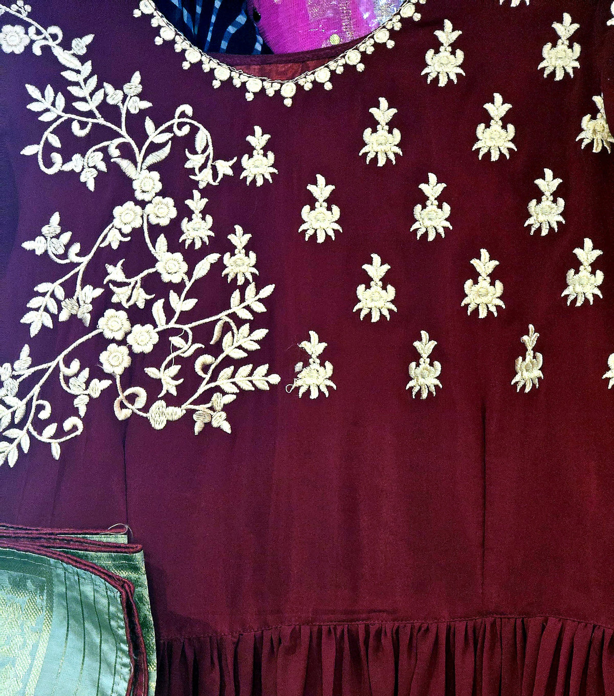 Maroon Georgette Anarkali Gown with Gold Floral Embroidery & Banarasi Dupatta