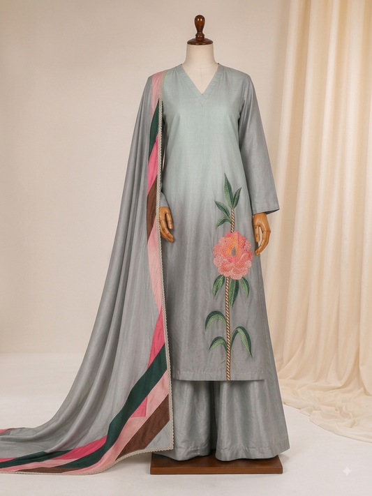 Azim Fashions - Ombre Floral Shisha Silk Suit Set (3-Piece)