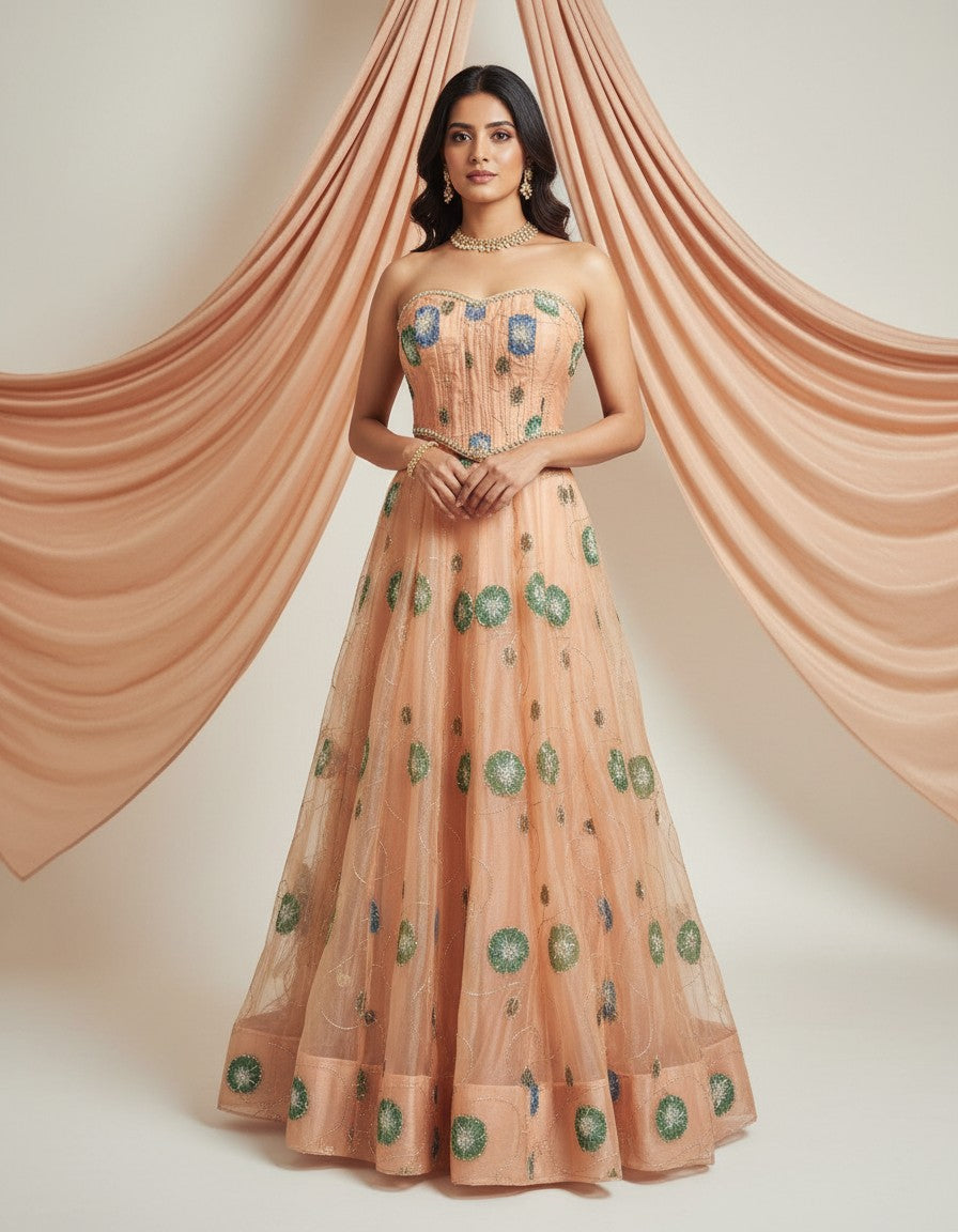 Luxury Hand-Painted Organza Lehenga Set with Embellished Choli & Dupatta