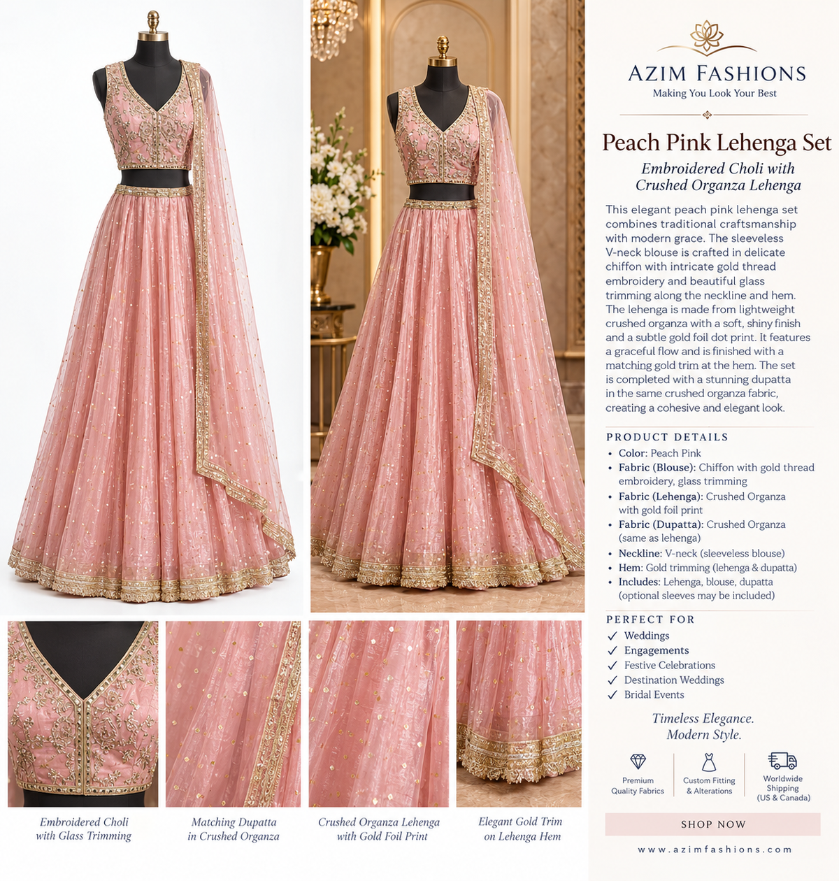 Peachy Pink Lehenga Set with Gold Embellishments