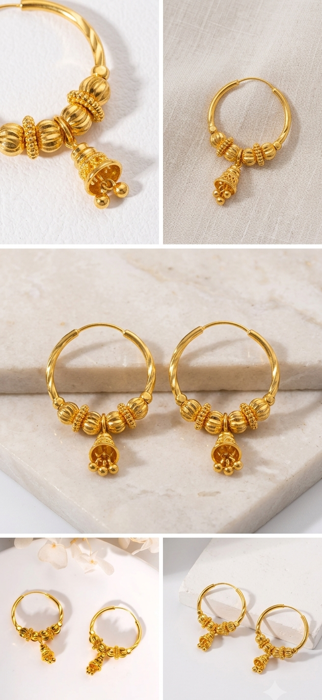 Traditional Gold Hoop Earrings with Textured Jhumka Beads