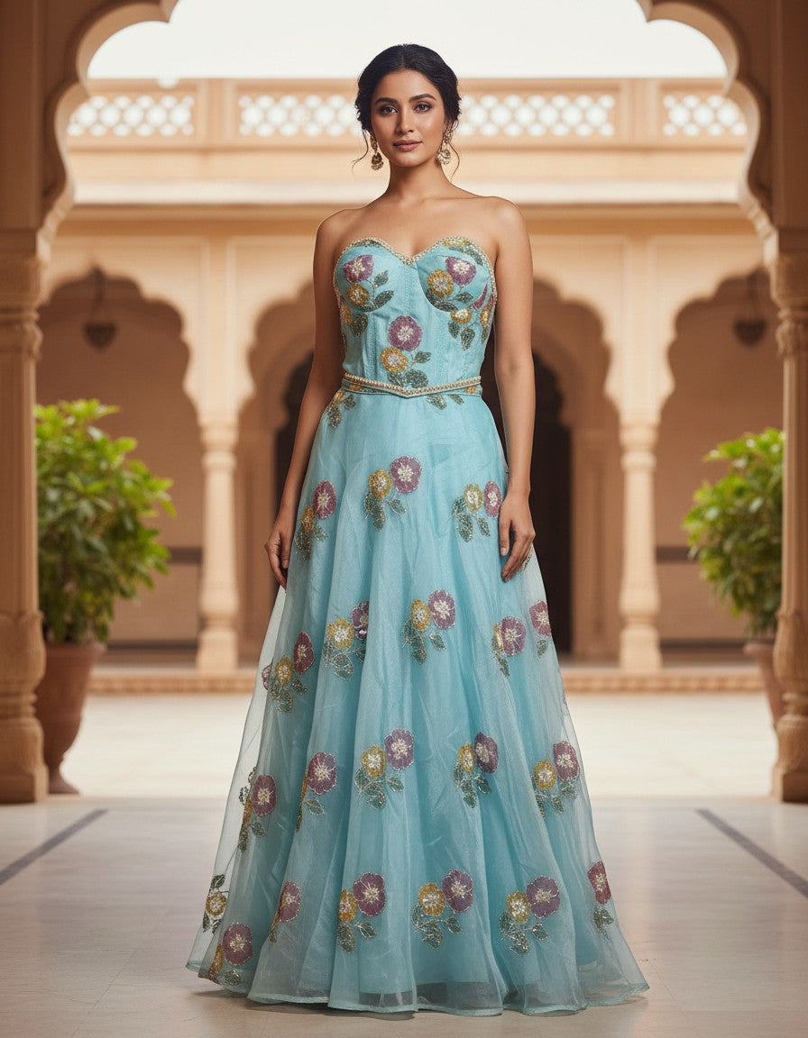 Luxury Hand-Painted Organza Lehenga Set with Embellished Choli & Dupatta