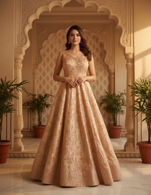 Royal Banarasi Full-Length Gown | Embellished V-Neck Evening Dress (TheAmyCollection)