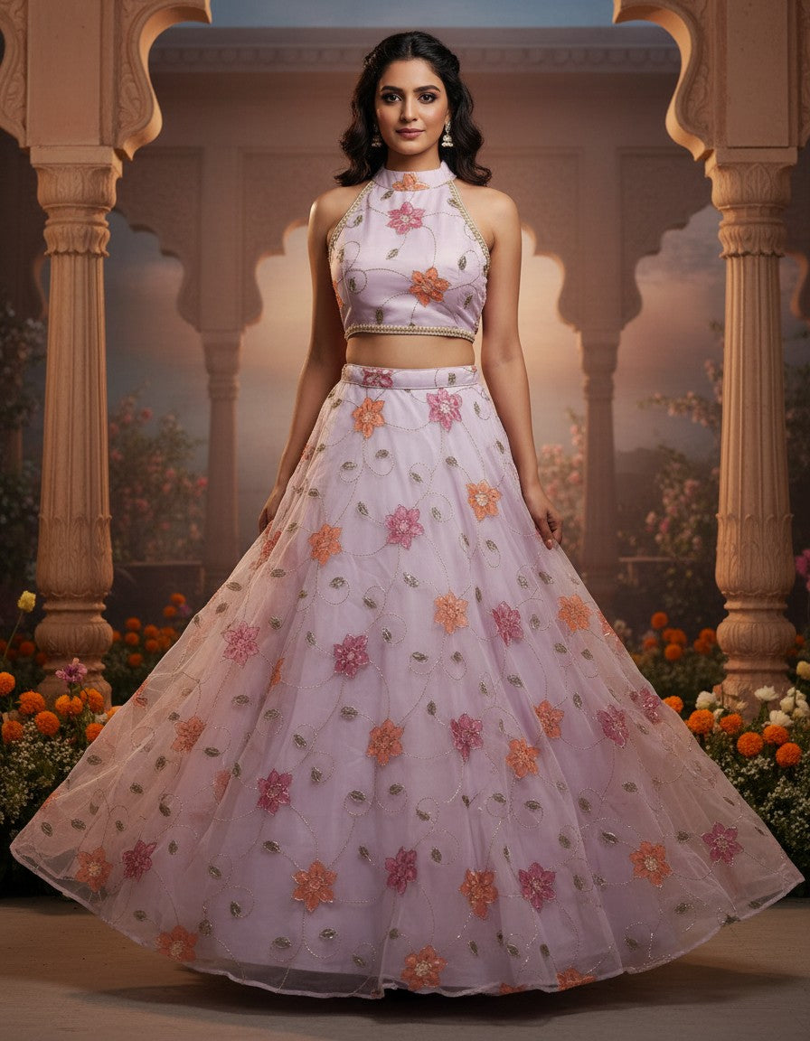 Luxury Hand-Painted Organza Lehenga Set with Embellished Choli & Dupatta