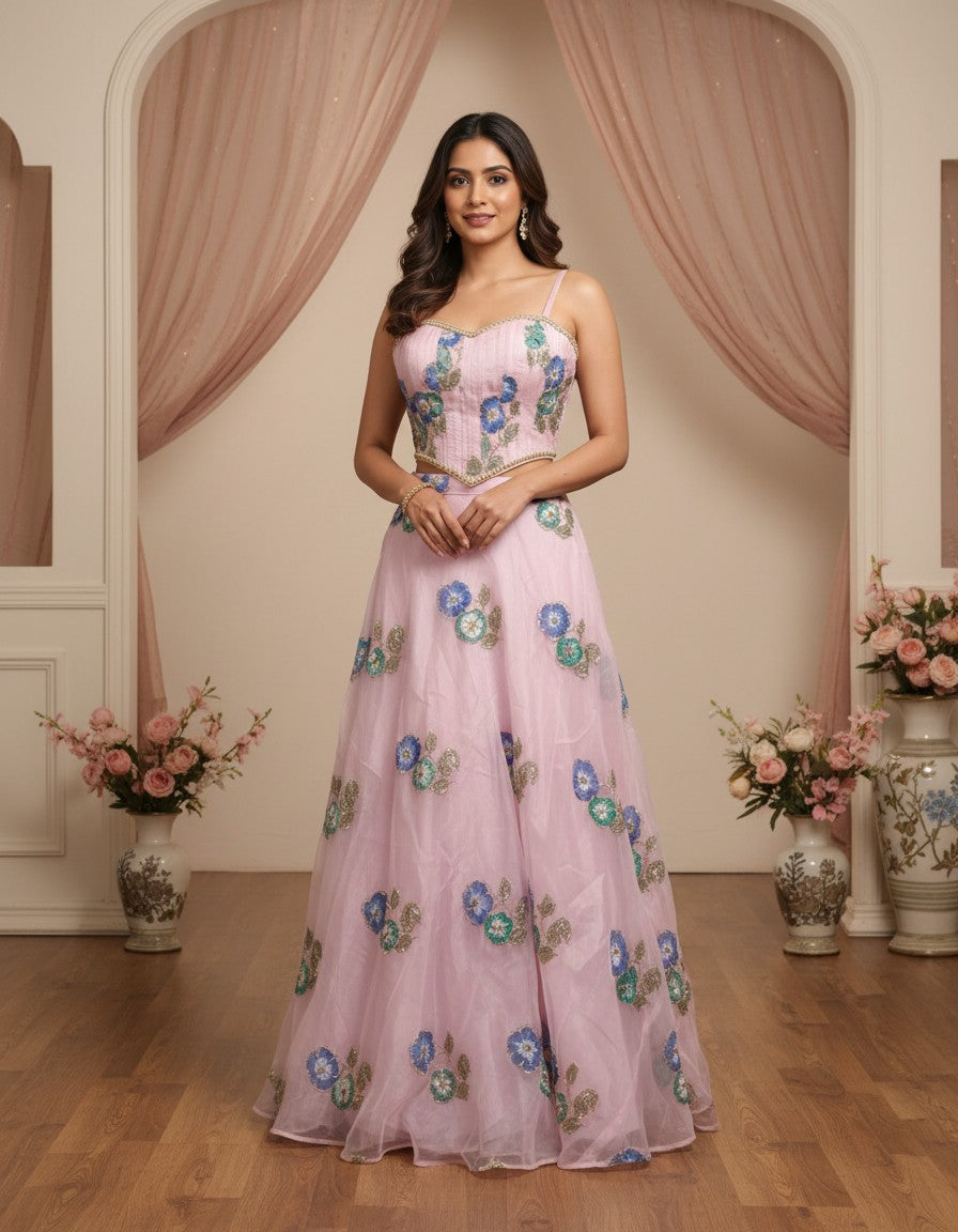 Luxury Hand-Painted Organza Lehenga Set with Embellished Choli & Dupatta