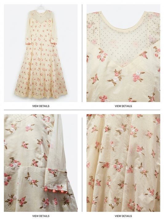 Cream Floral Embroidered Anarkali Gown with Rhinestone Bodice