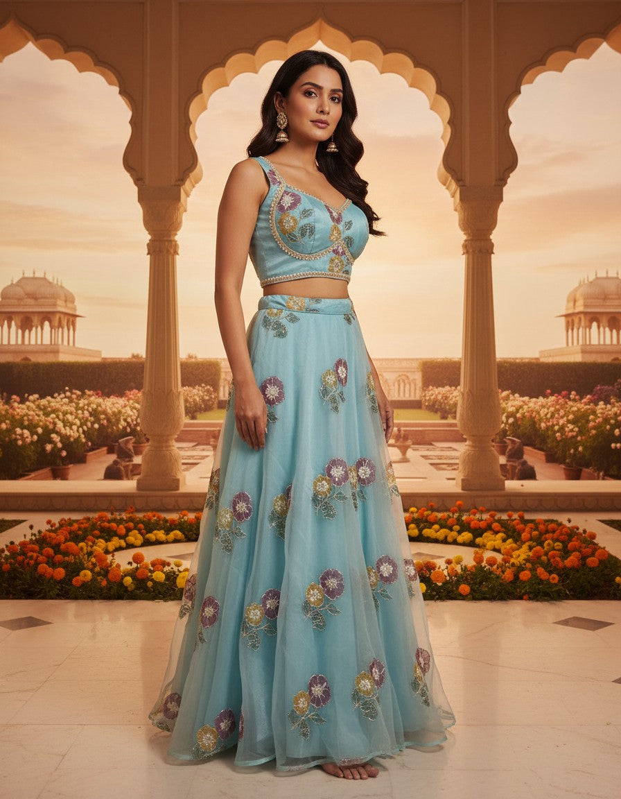 Luxury Hand-Painted Organza Lehenga Set with Embellished Choli & Dupatta
