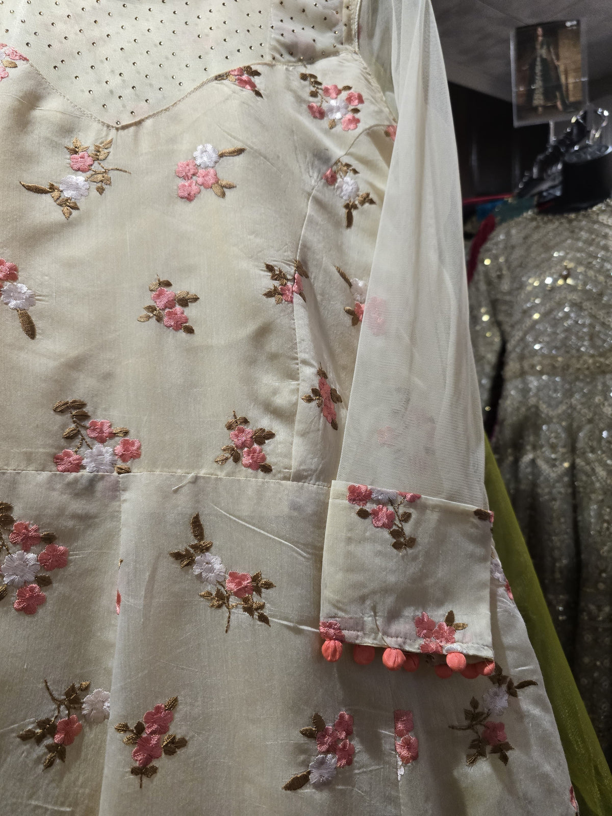 Cream Floral Embroidered Anarkali Gown with Rhinestone Bodice