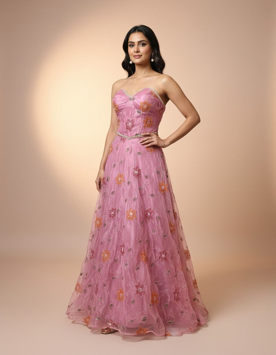 Luxury Hand-Painted Organza Lehenga Set with Embellished Choli & Dupatta