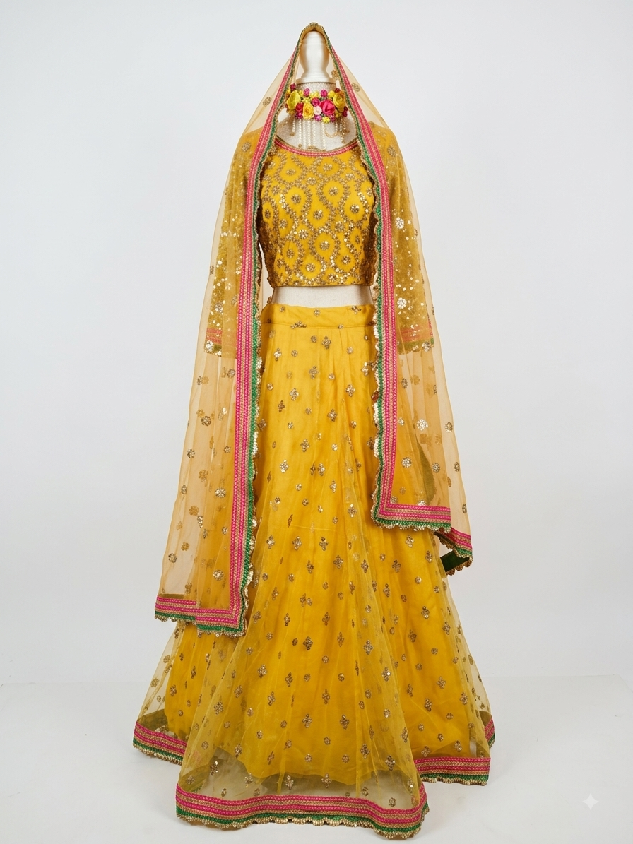 Vibrant Mustard Yellow & Gold Sequin Embroidered Lehenga Choli Set
