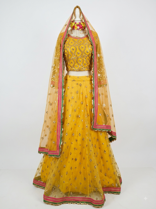 Vibrant Mustard Yellow & Gold Sequin Embroidered Lehenga Choli Set