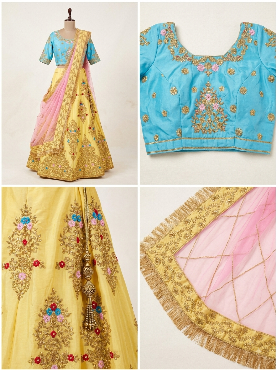 Yellow Embroidered Silk Lehenga Set with Blue Choli Azim Fashions