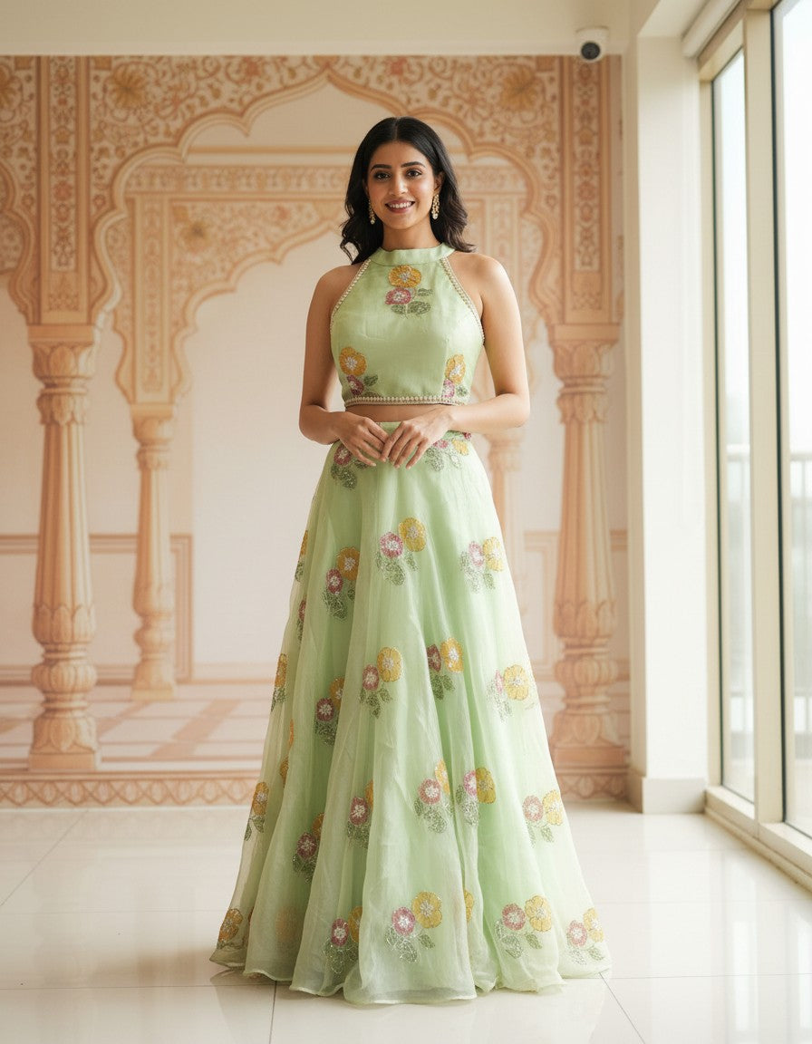 Luxury Hand-Painted Organza Lehenga Set with Embellished Choli & Dupatta