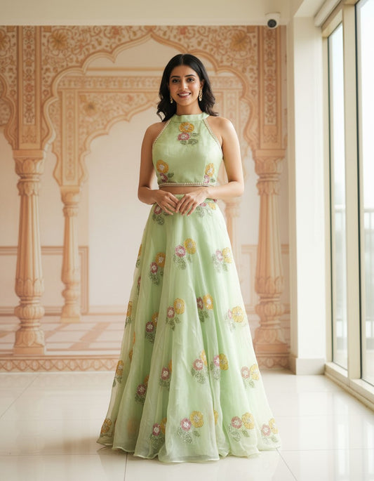 Luxury Hand-Painted Organza Lehenga Set with Embellished Choli & Dupatta