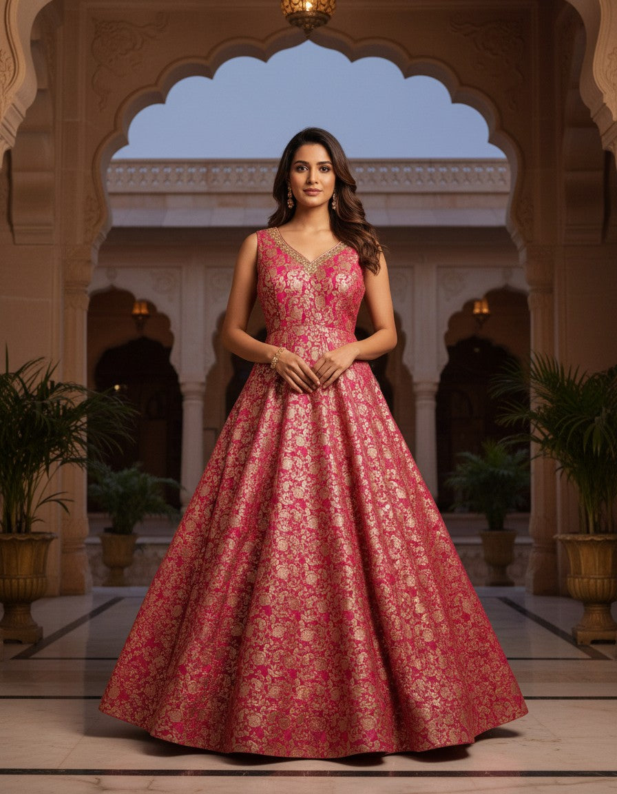 Royal Banarasi Full-Length Gown | Embellished V-Neck Evening Dress (TheAmyCollection)