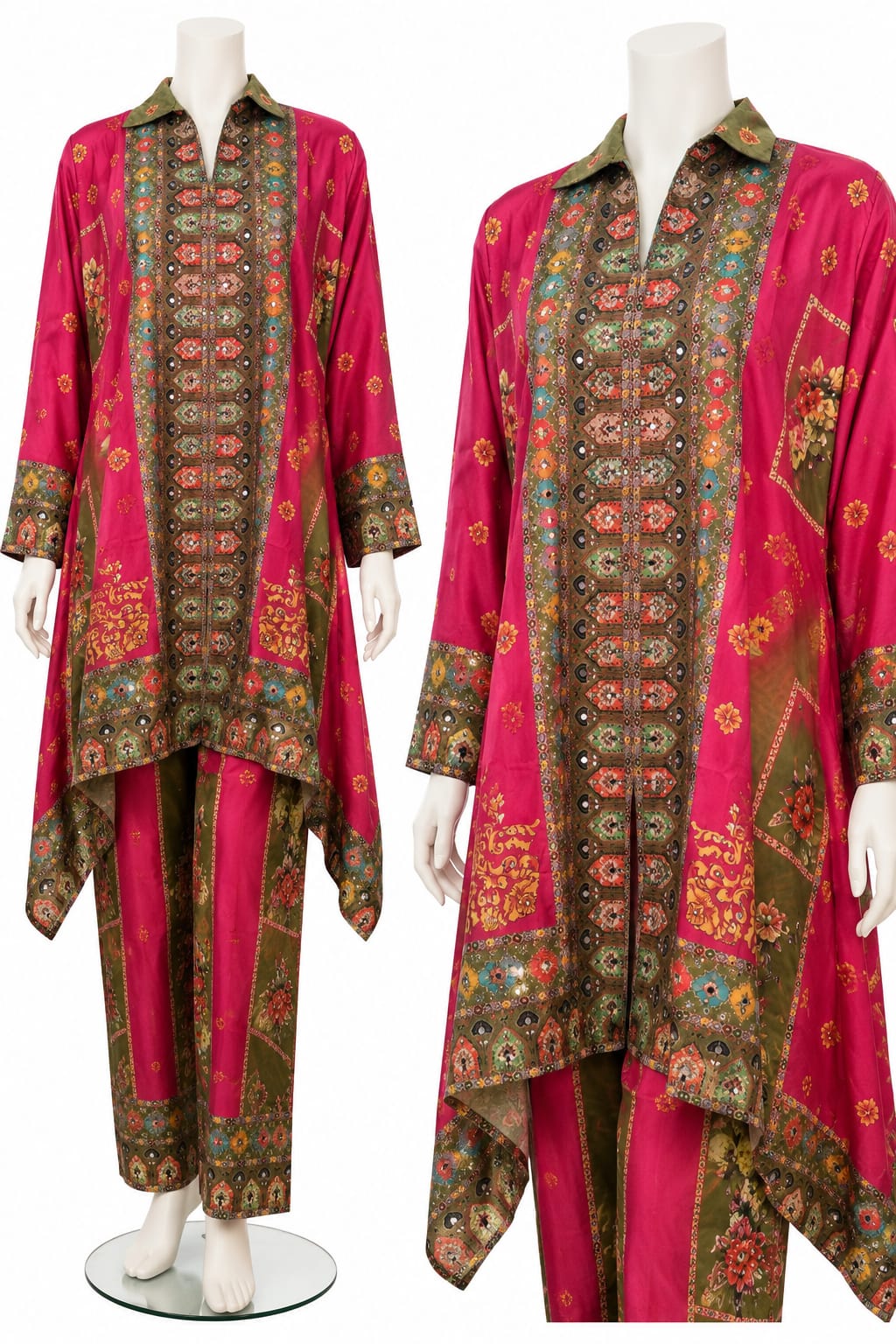 Sayuri Designer Two-Piece Kurta Set – Pink & Olive Green with Mirror Work